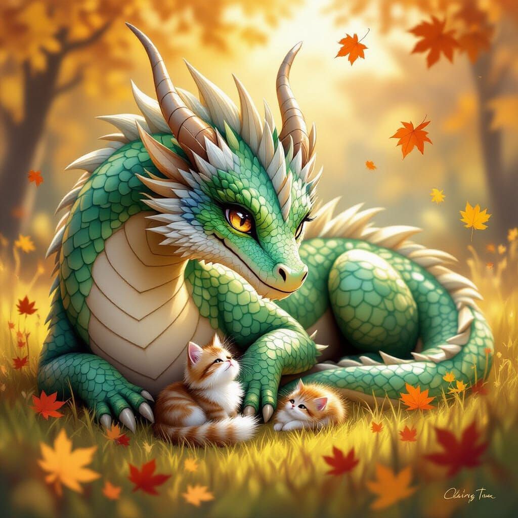Majestic Dragon & Tiny Cat Friendship in Cozy Meadow