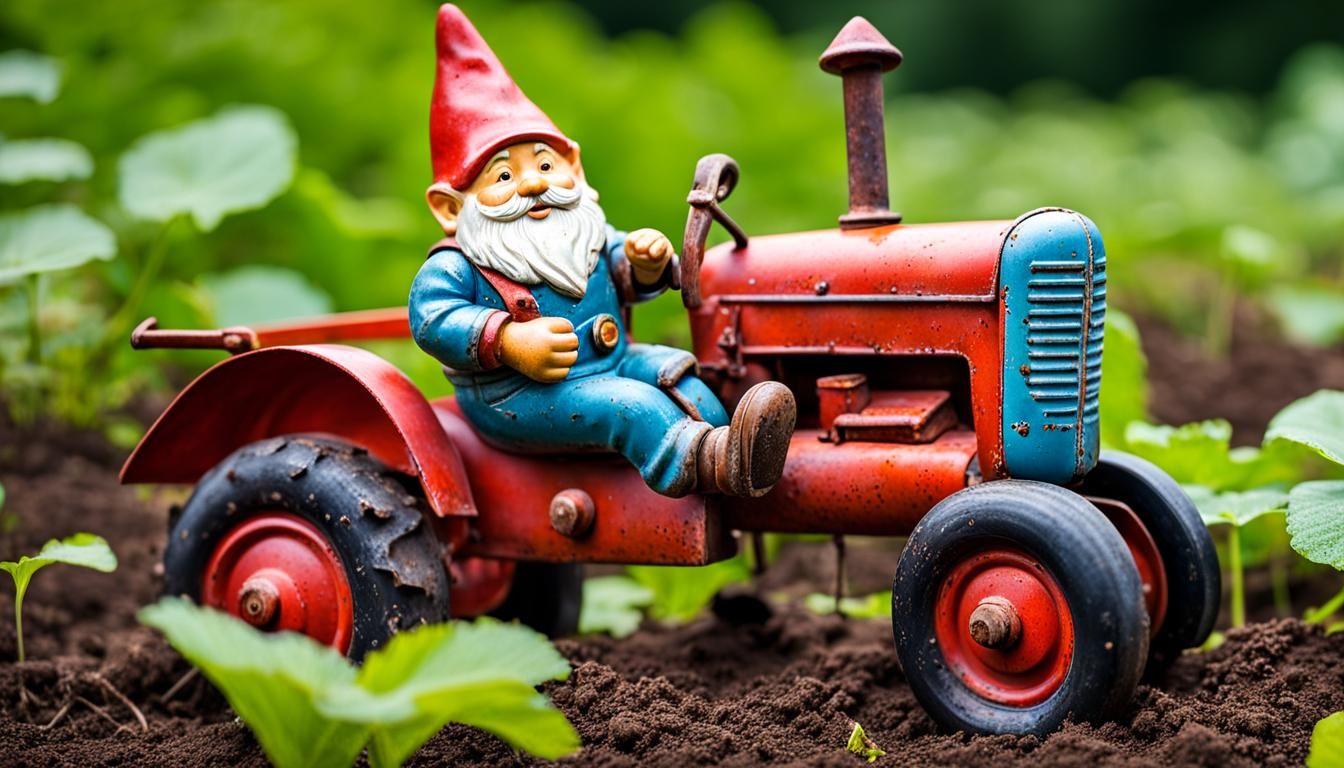 Ragtag Metal Toy Gnome Drives Tractor
