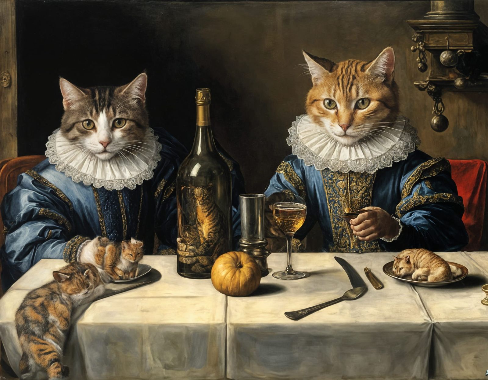 Elegant Cats in 17th-Century Attire Raise Toast by Candlelig...