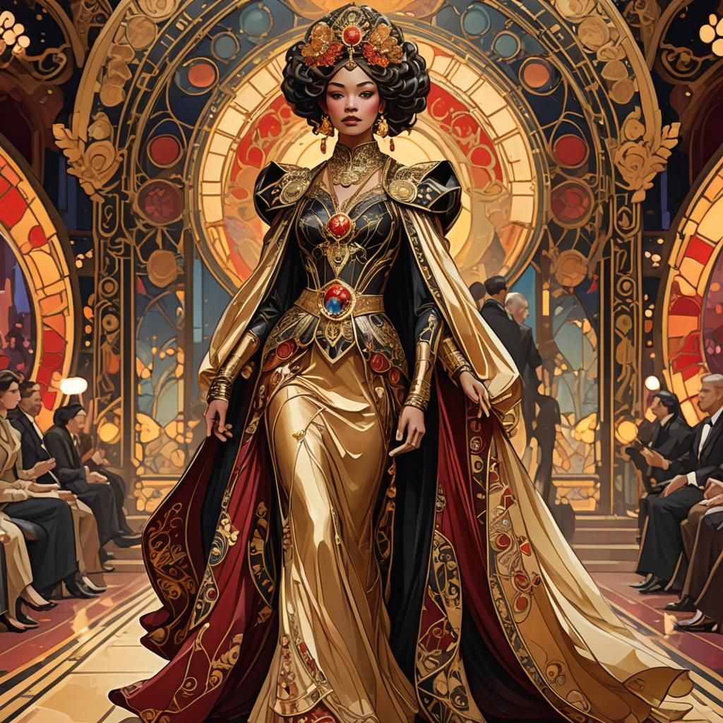 Art Nouveau Empress on Runway in Crimson and Gold