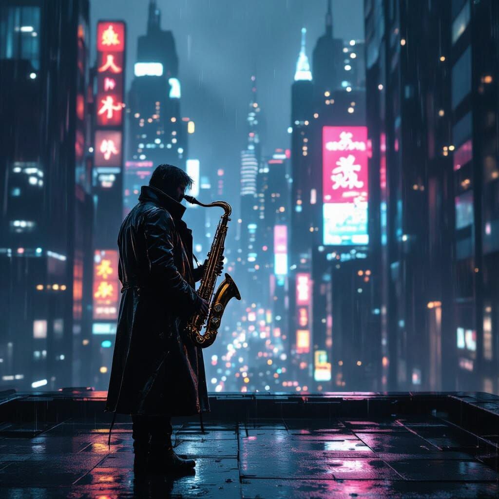 Cyberpunk Saxophonist in Neon Cityscape