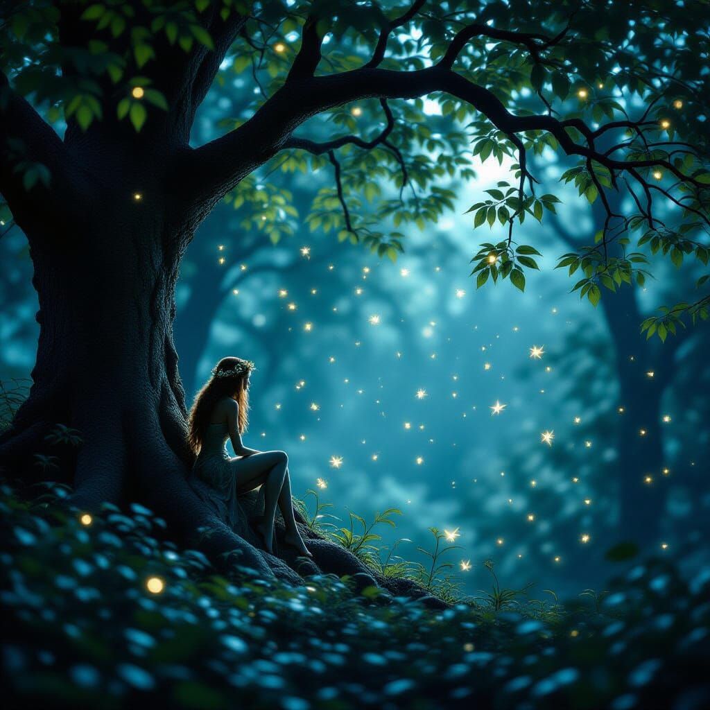 Enchanted Forest at Night with Fairies and Dryad