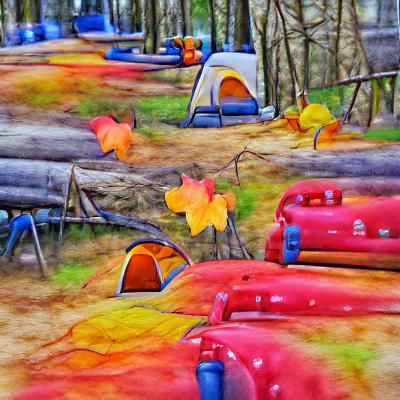Watercolor Autumn Woods Campsite Painting