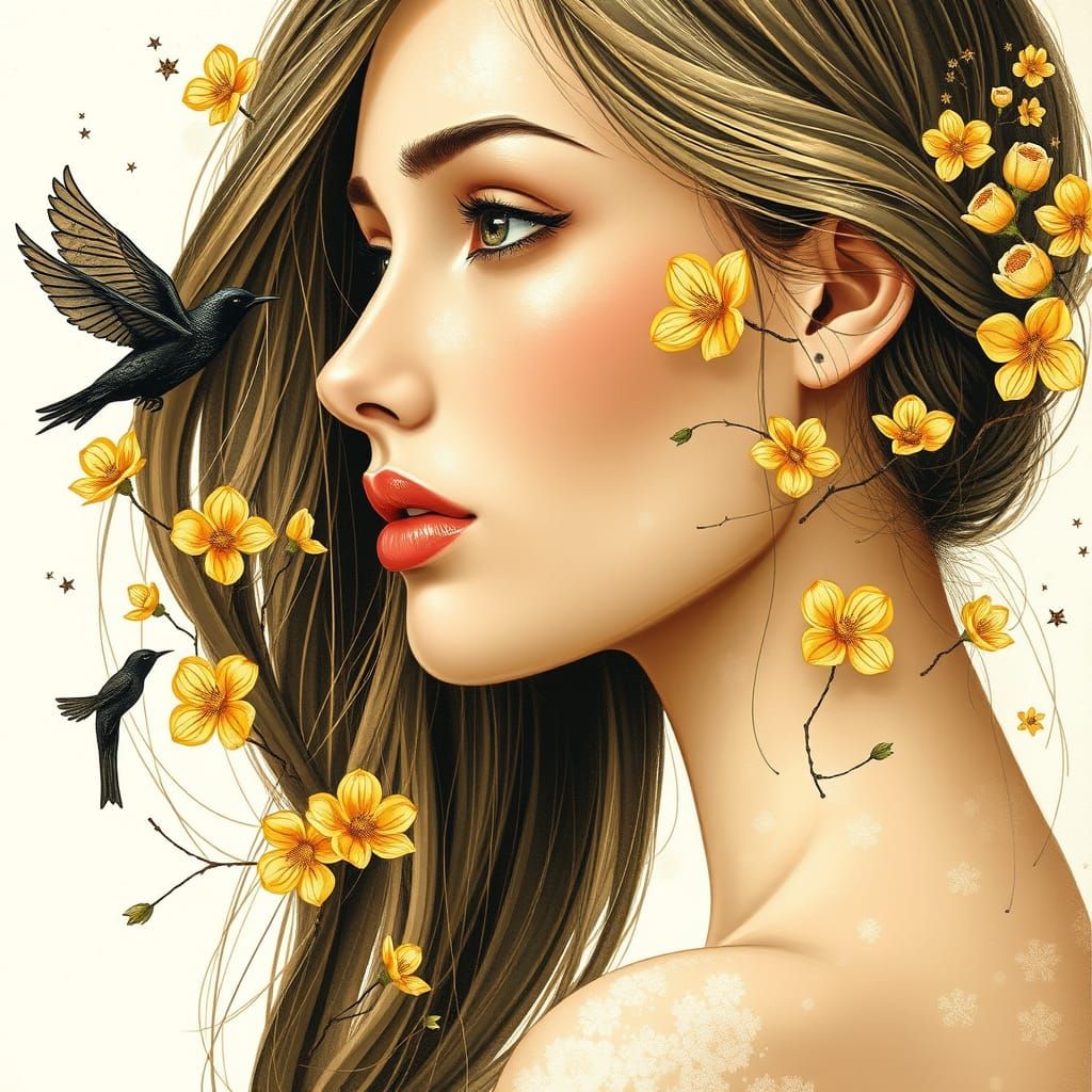 Realistic Portrait of a Young Woman in a Dreamlike Setting