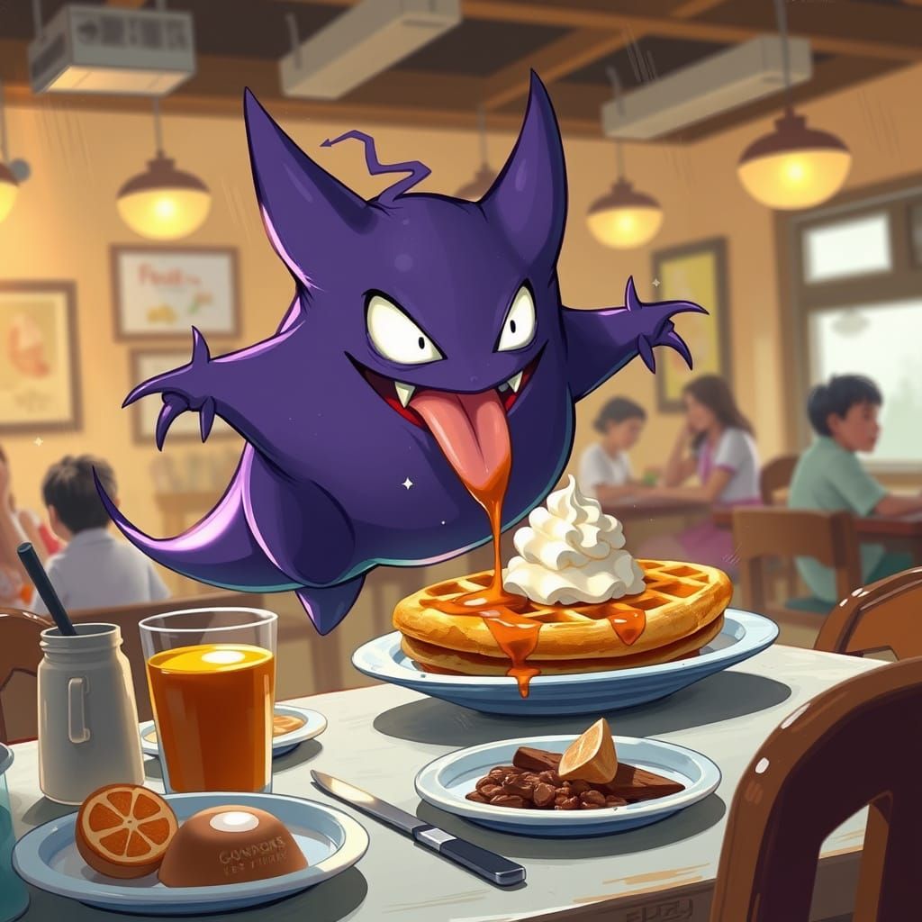 Whimsical Gengar Savoring a Waffle in a Vibrant Breakfast Sc...