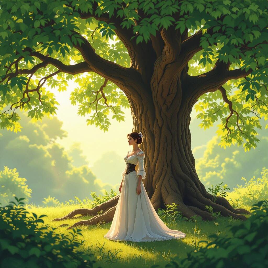 Elegant Lady Under a Tree in Photorealistic Style