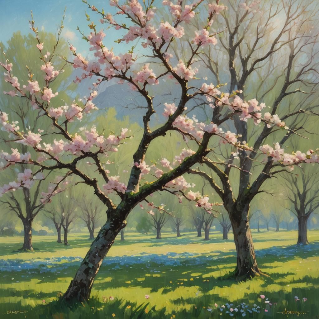 Cherry Blossom Tree in Impressionist Style