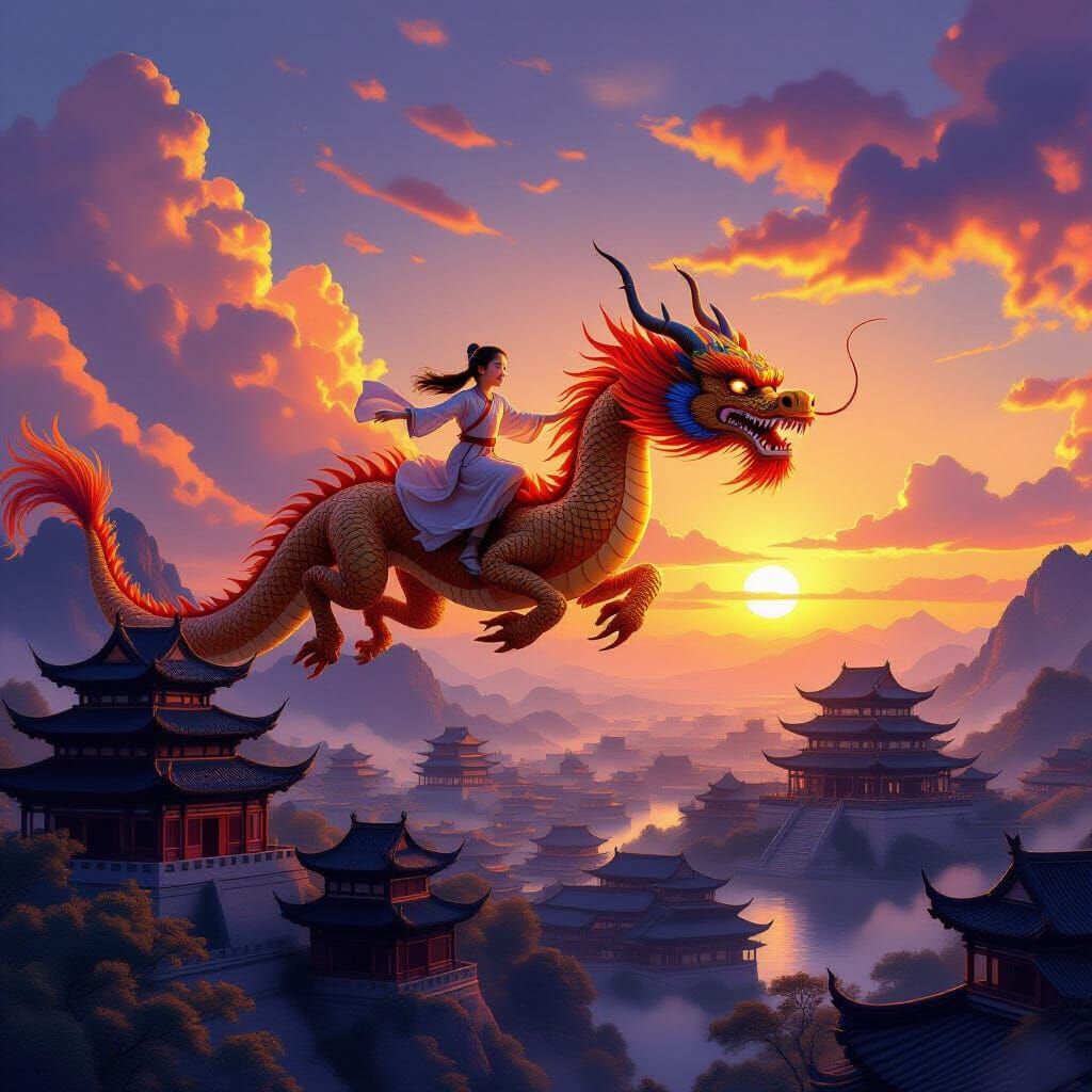 Girl Rides Majestic Dragon Over Ancient Chinese Palace