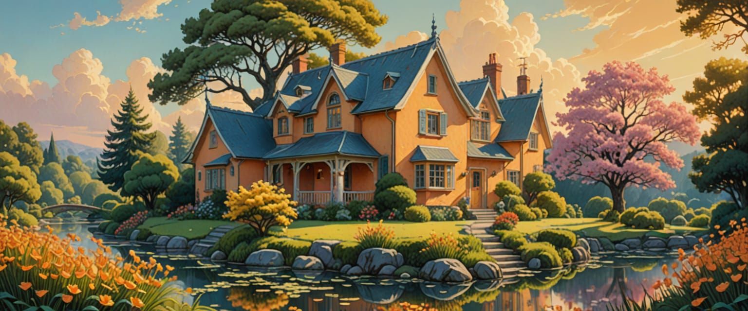 Whimsical Village House with Koi Pond in Early Morning Light