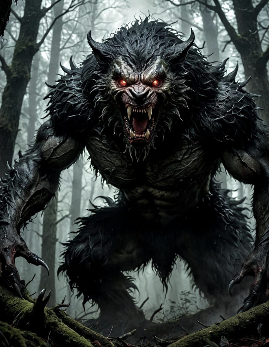 Demonic Werewolf in Dark Eerie Forest, Photorealistic Art