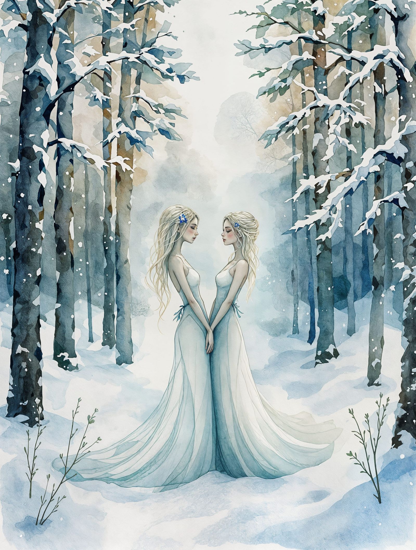 Whimsical Winter Woodland Scene in Watercolor