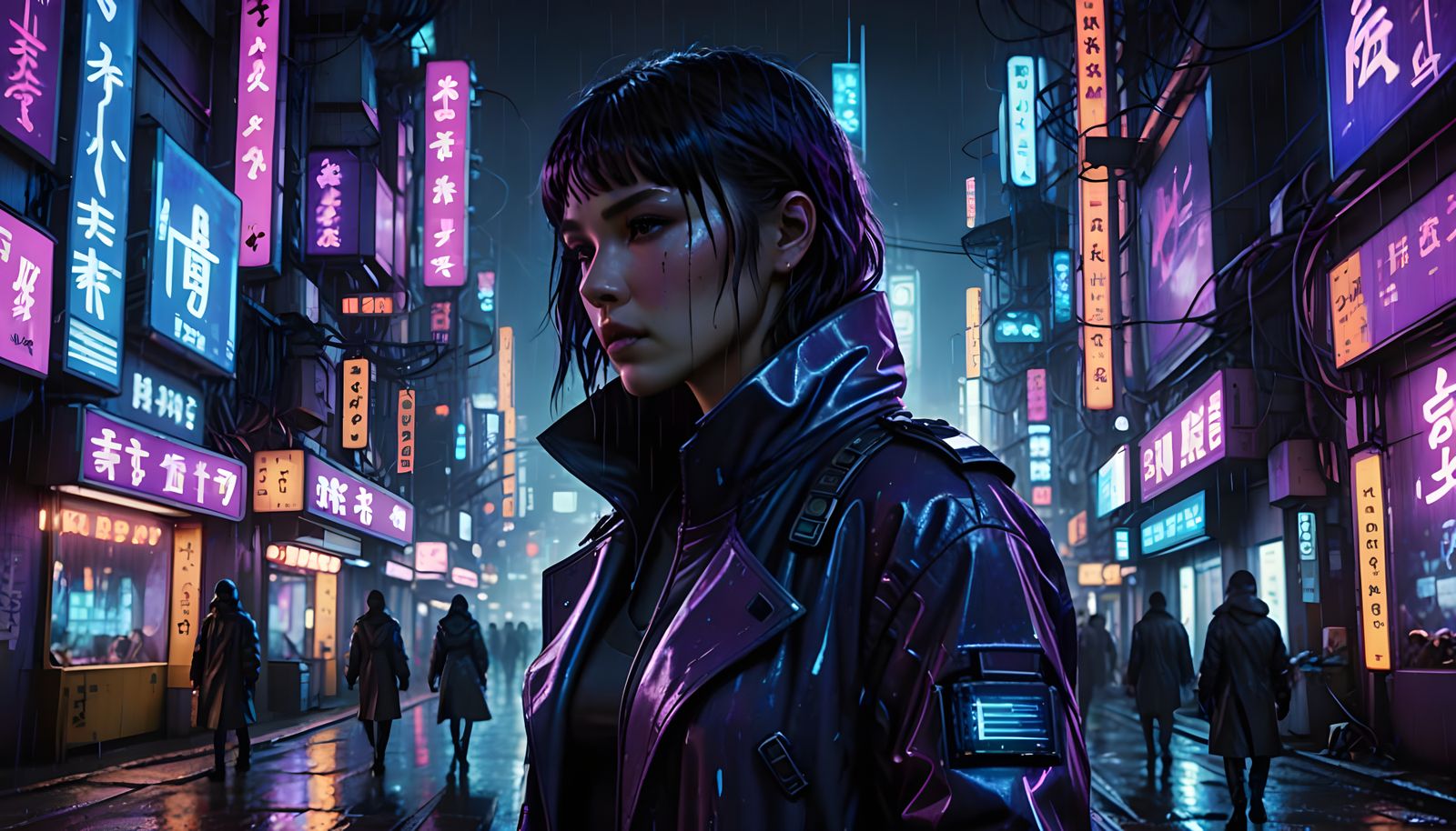 Cyberpunk Cityscape with Cyborg in Anime-Realism Style