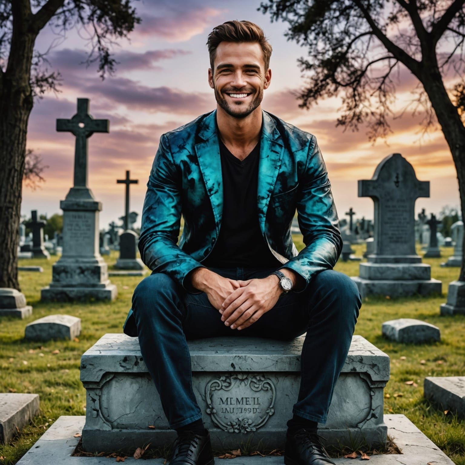 Handsome Man Smiles in Cemetery, Alcohol Ink Art