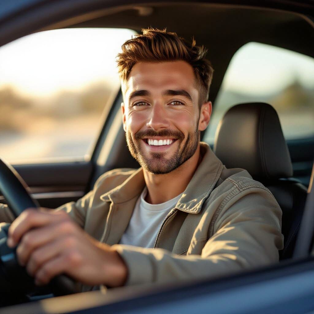 Radiant Man in Car: Photorealistic Digital Art