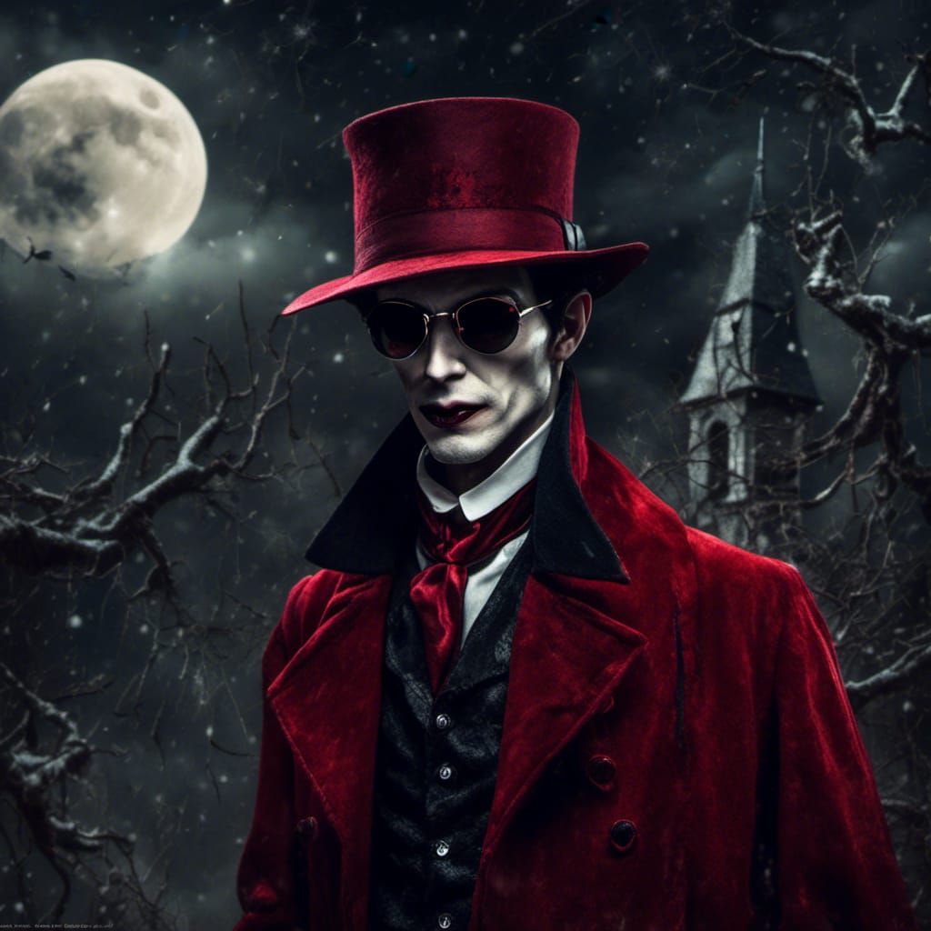 Vampire in Red Fedora at Midnight, Realistic Style