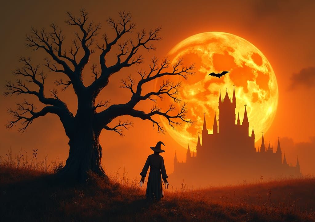 Halloween Scarecrow in Golden Field at Night