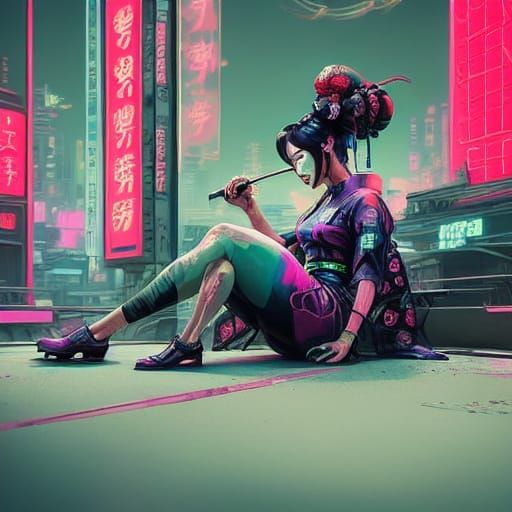 Post-Apocalyptic Woman in Synthwave Cyberpunk Cityscape
