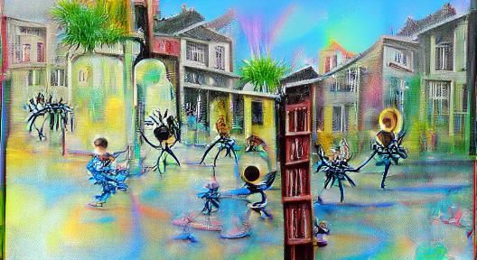 Spiders' Jazz Corner: A Surreal Storybook Scene
