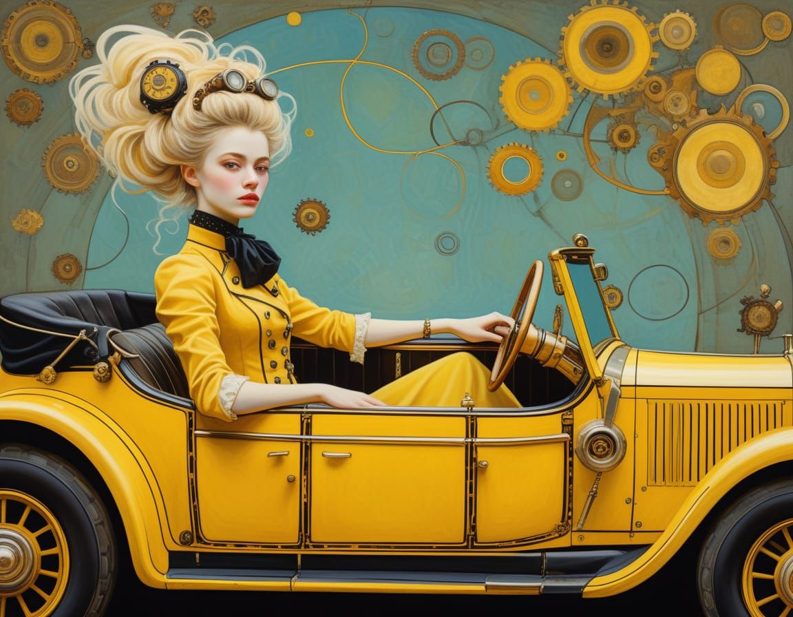 Glamorous Steampunk Lady Cruises in Vintage Convertible