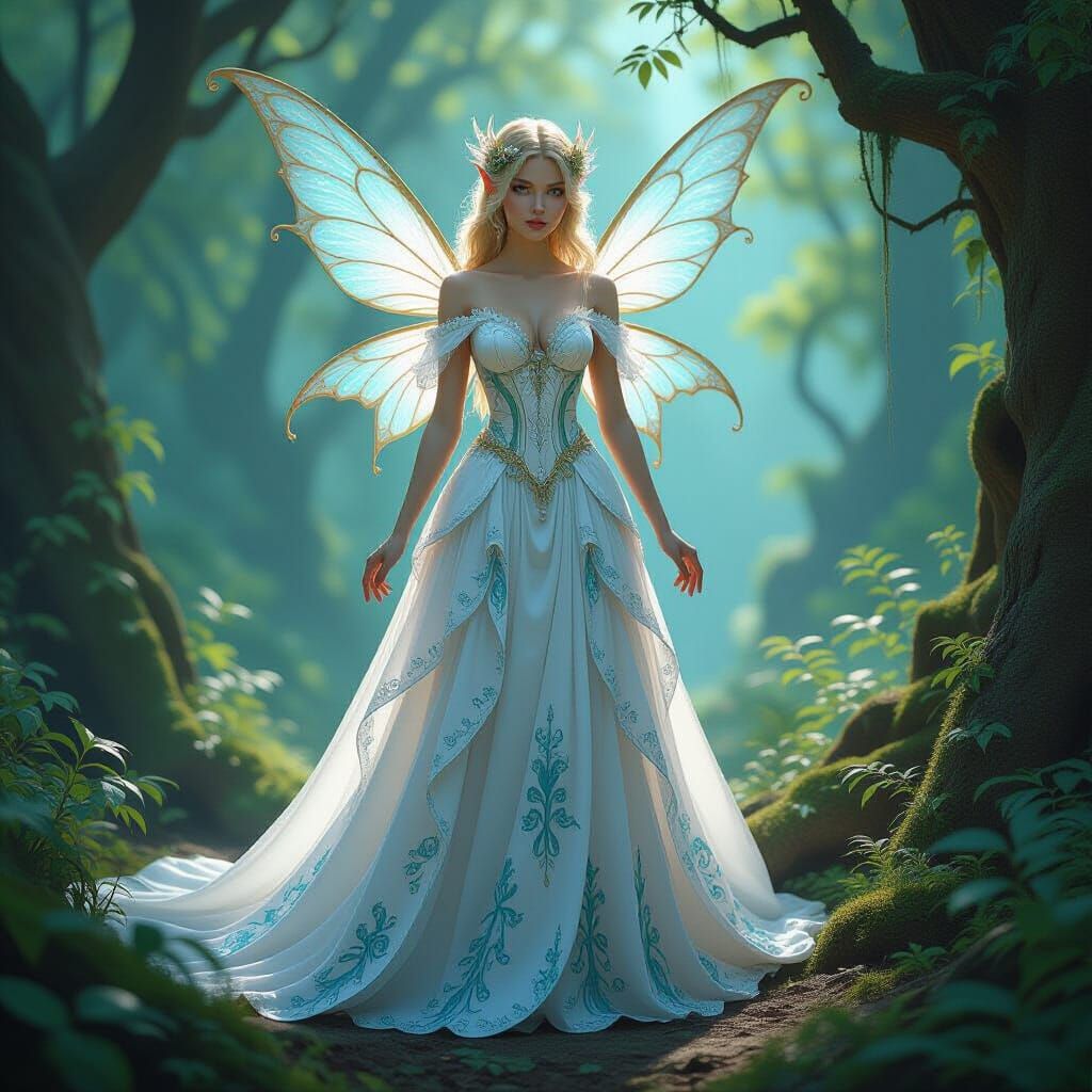 Enchanted Fairy in Detailed White Dress with Blue and Gold A...