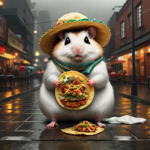 Hamster's Rainy Taco Fiesta in Hyperrealistic Style