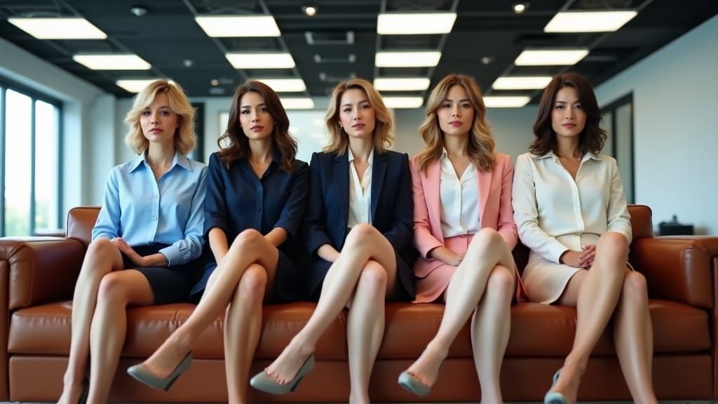 Synchronized Professionals: Confident Women on Leather Couch