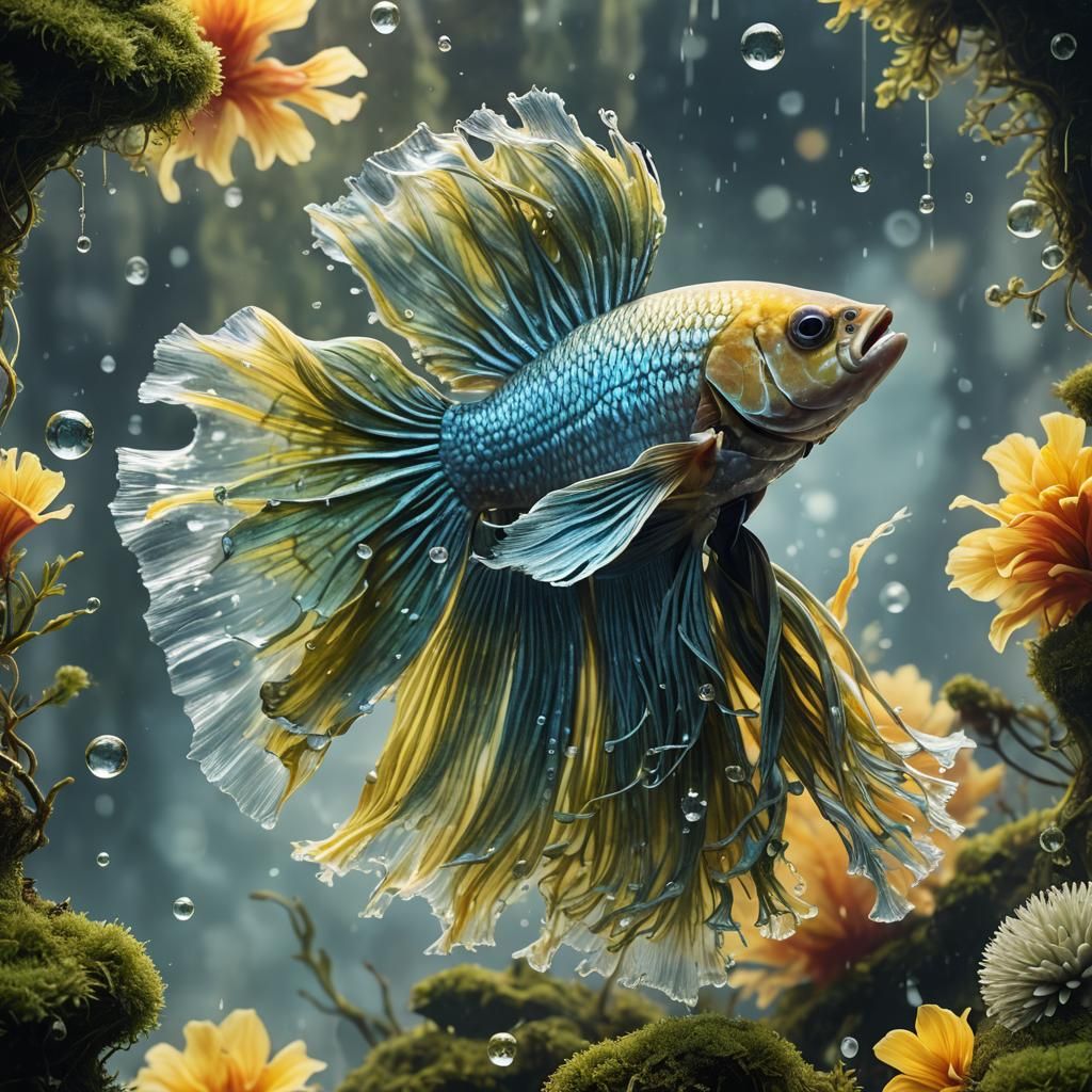 Betta Fish in Double Exposure Maximalist Style