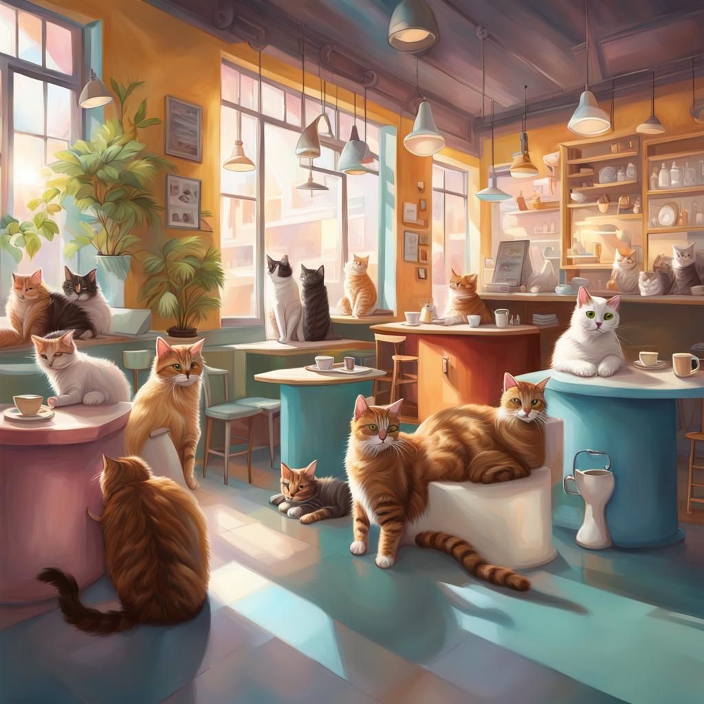 Hyperrealistic Cat Cafe Concept Art