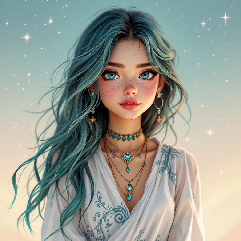 Dynamic Character Portrait with Teal and Thistle Hair