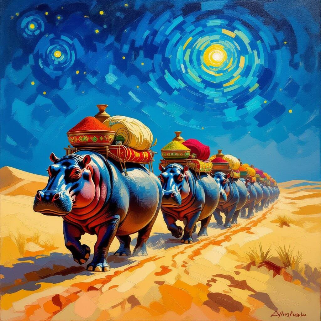 Hippopotamus Caravan in Desert Oil Painting