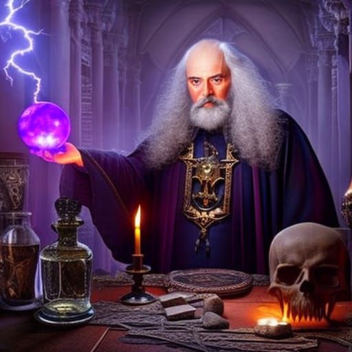 Wizard Casting Lightning Spell in Ornate Study