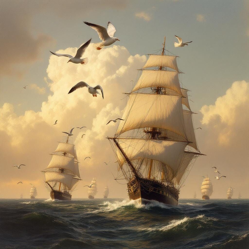 Seagulls Soaring Above Clipper Ships in Golden Light