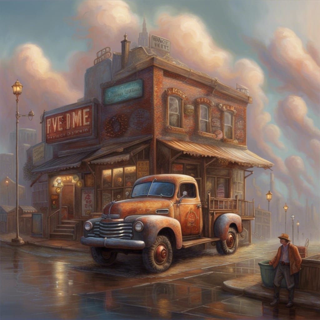 A rusty truck parked in front of a five and dime III