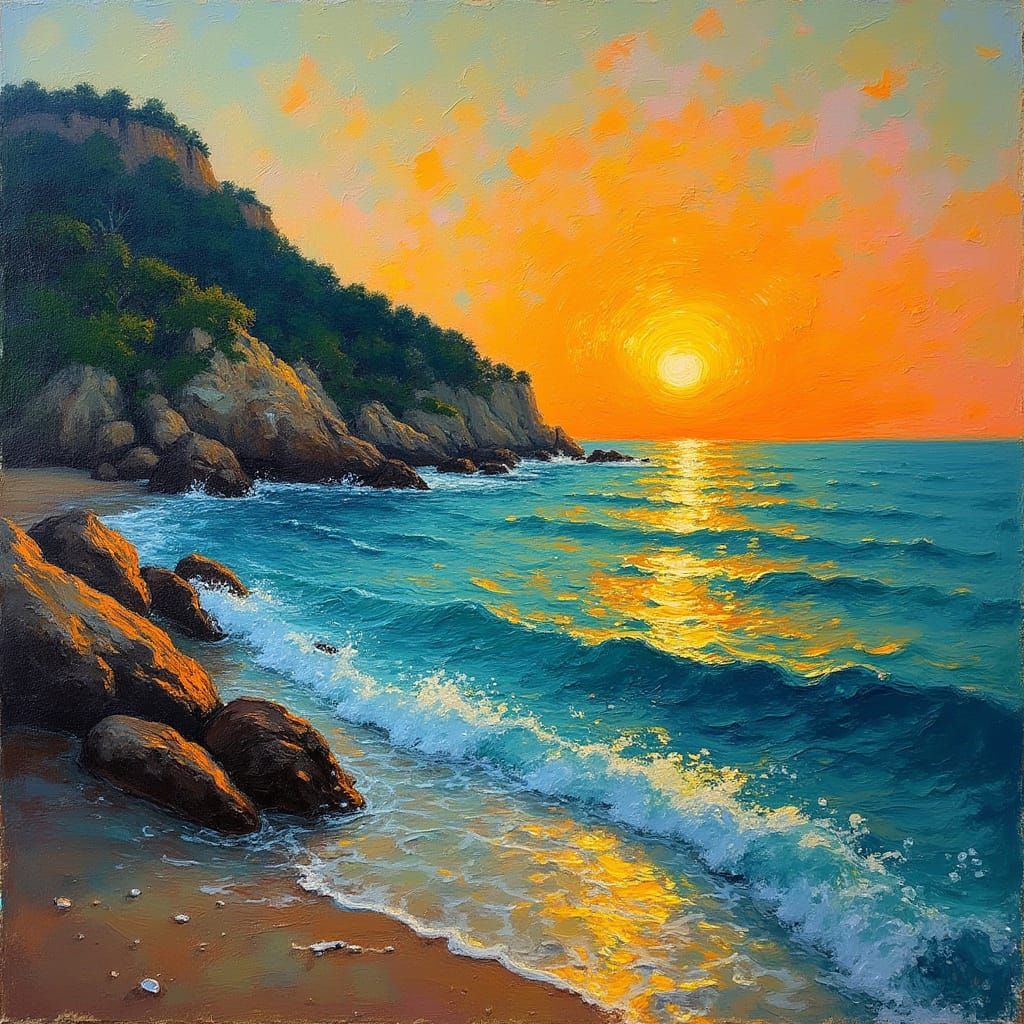 Tranquil Seascape in Vibrant Neo-Expressionist Oil Painting