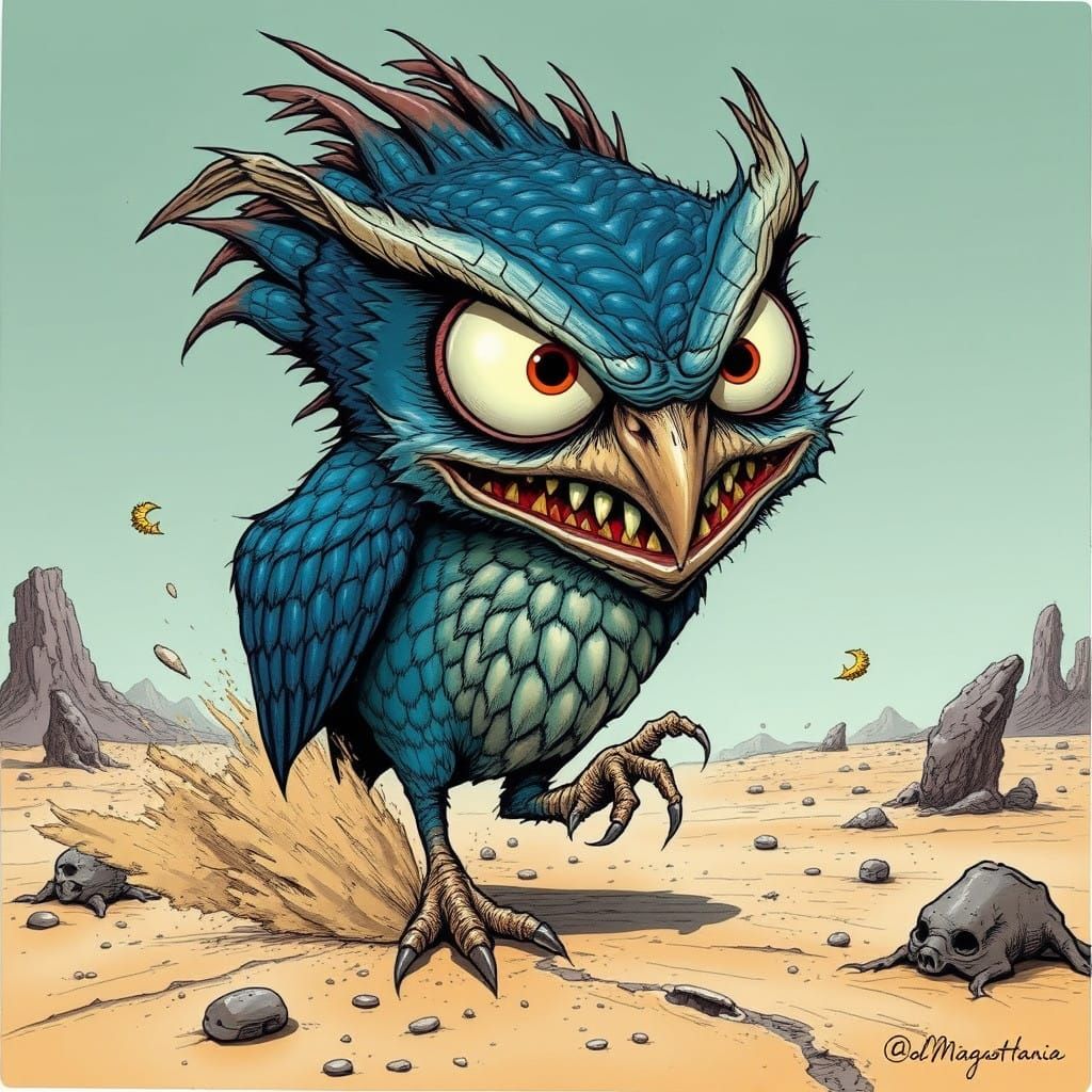 Exaggerated Alien Owl in a Dusty, Otherworldly Landscape
