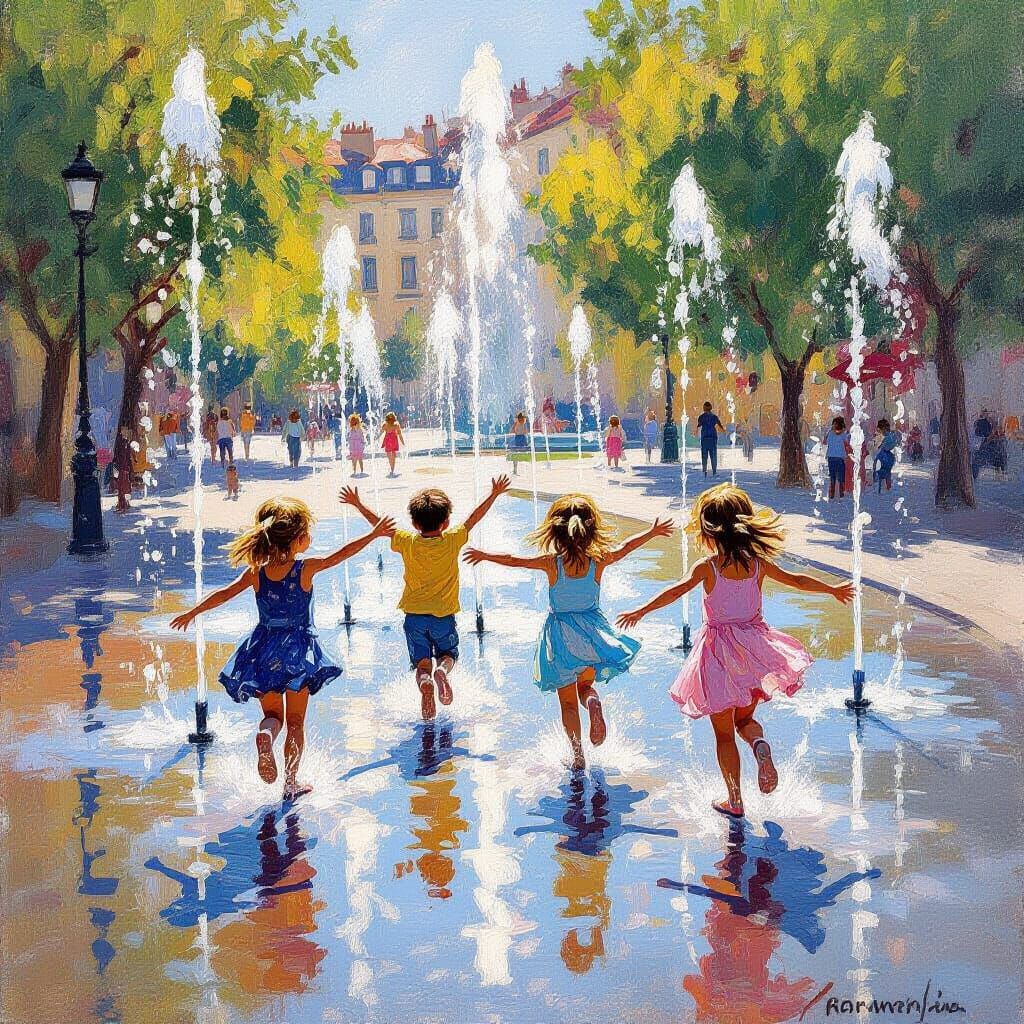 Children Play in Fountain: Impressionist Painting