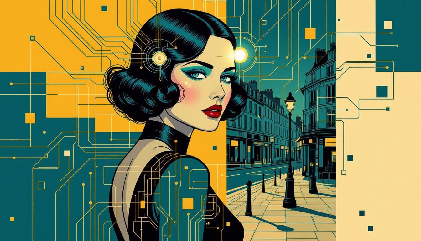 Futuristic Woman in 1920s Paris, Technical Schematics Style