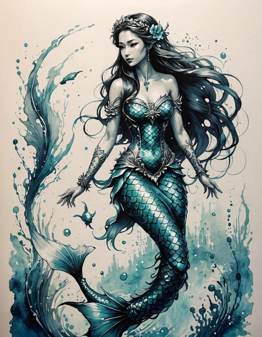 Fantasy Mermaid Ink Sketch with Long Fishtail