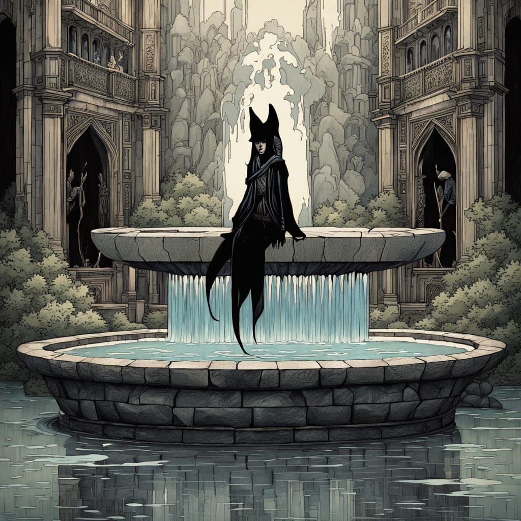 Moonlit Fountain With Iridescent Ink Fox