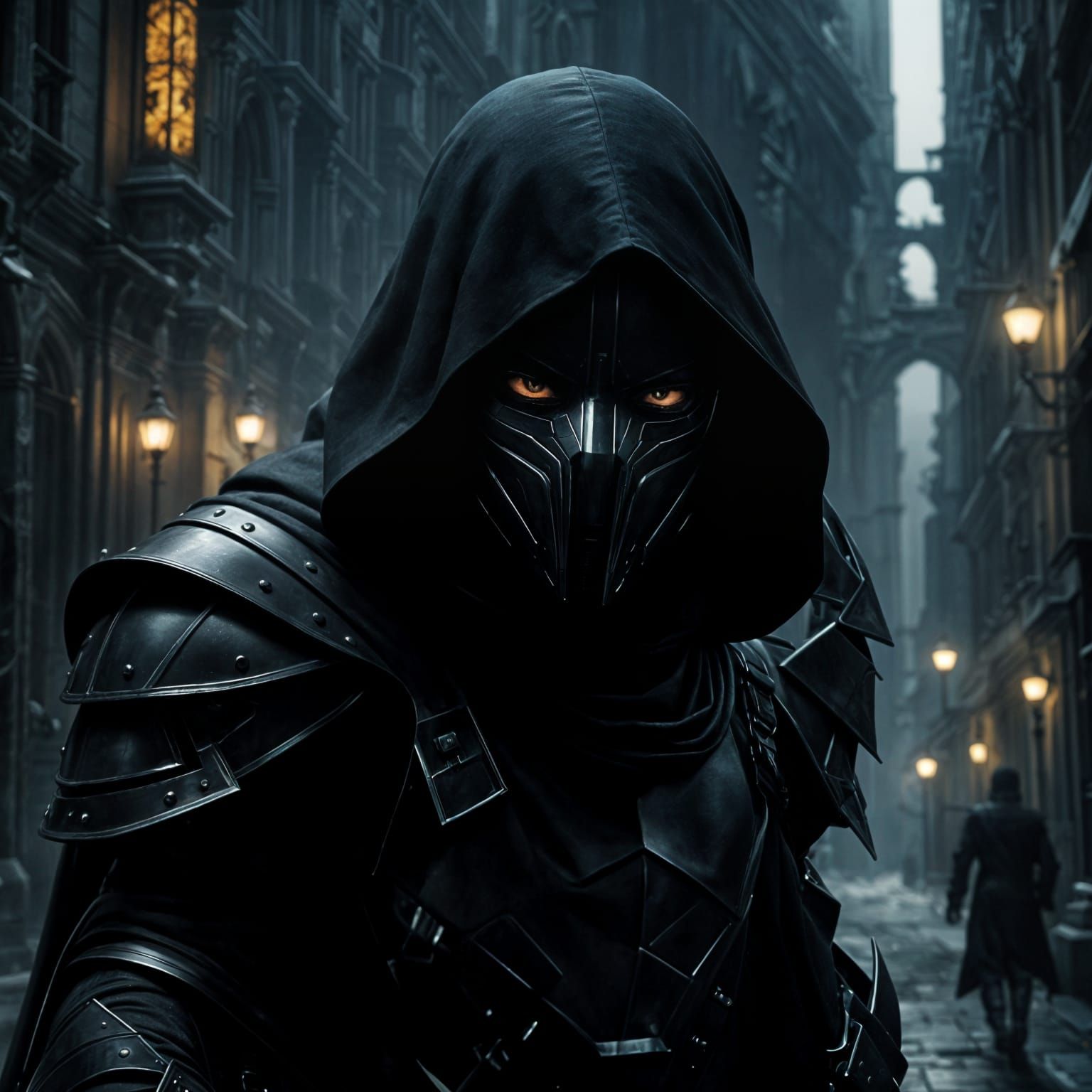 Sleek Shadow Assassin Emerges from Darkness in Cyberpunk Sty...