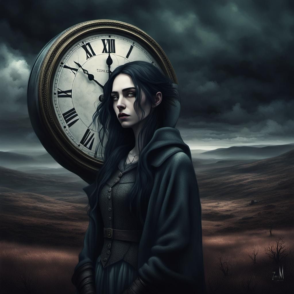 Melancholic Woman Before Clock in Fantasy Art