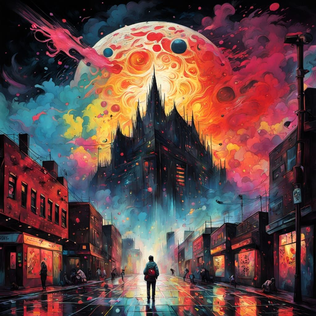 Moon Sings in Vibrant, Dreamlike Urban Landscape