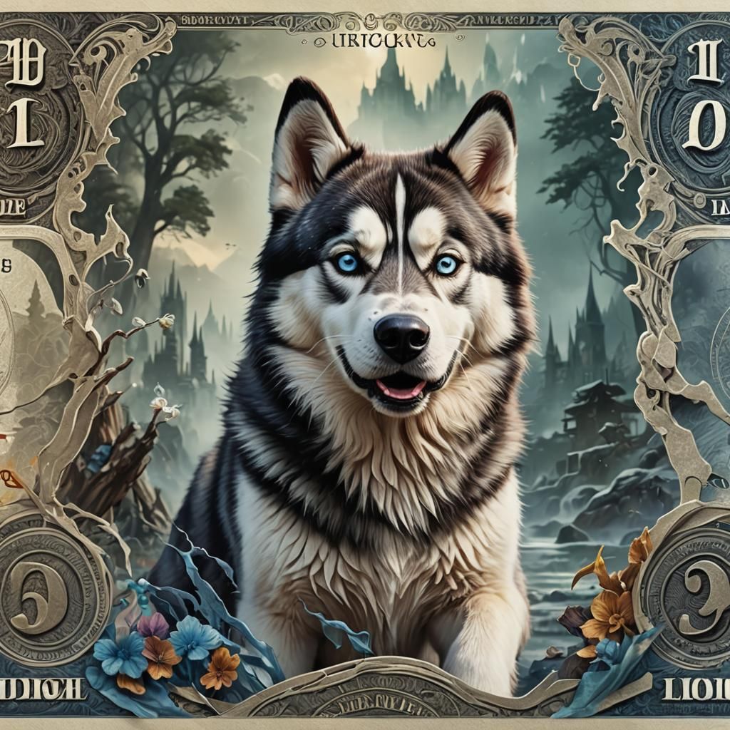 Husky Dog Art Banknote in Detailed Fantasy Style