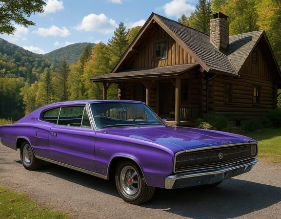1966 Dodge Charger at Mountain Cabin, Vintage Poster Art