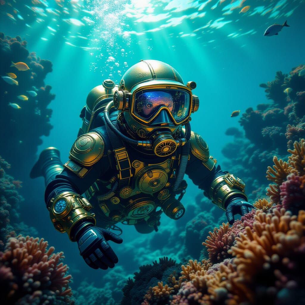 Steampunk Astronaut Explores Alien Coral Reef