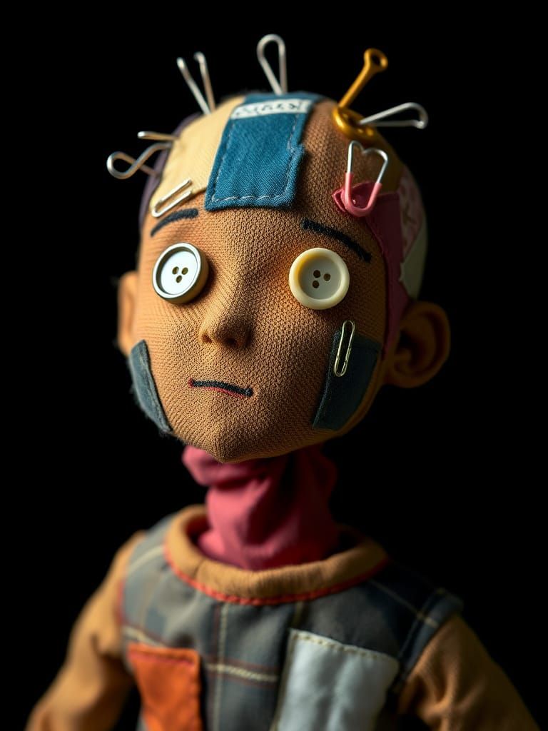 Hyperrealistic Cloth Figurine with Patches and Tape