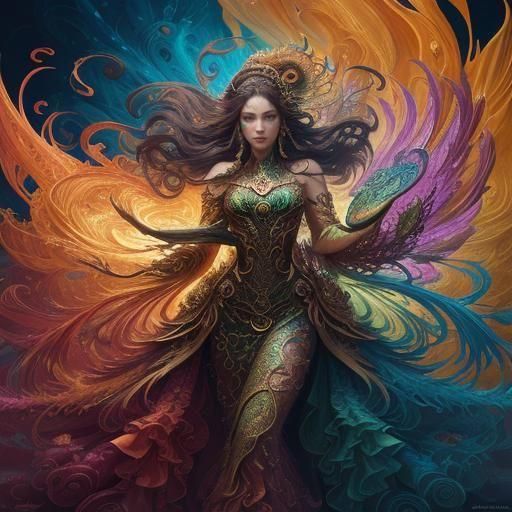 Dragon Peacock Woman in Abstract Expressionist Style