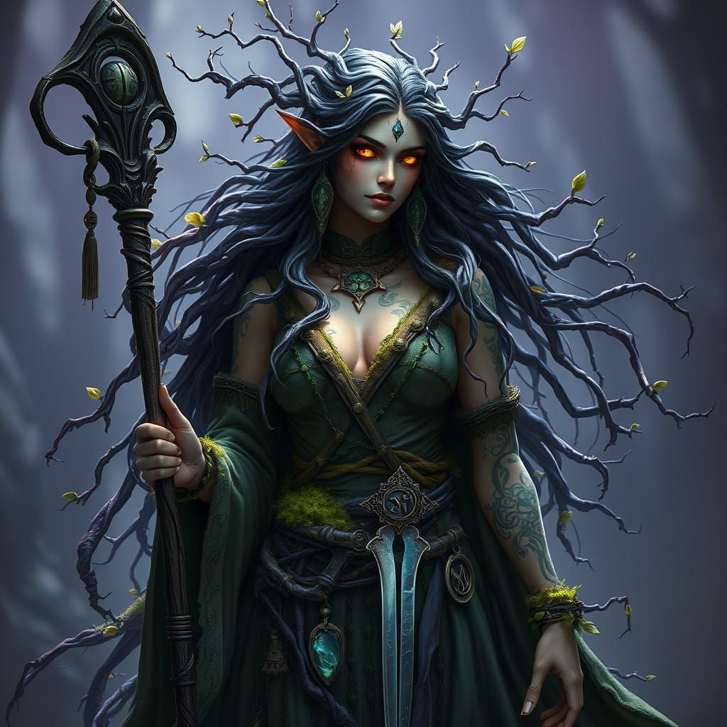 Stone Maiden Druid in Sage Robes with Moss and Twigs, Woodla...