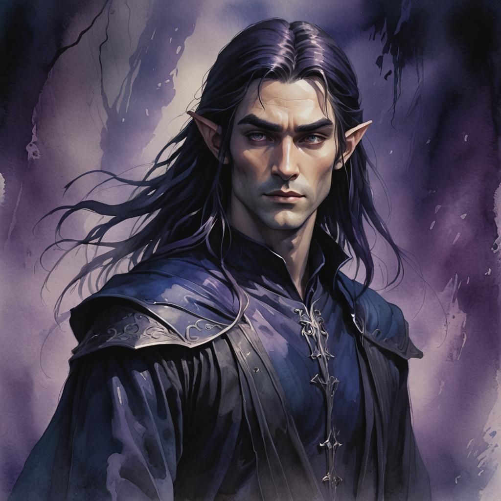 Stoic Elf in Shadows: Anime-Inspired Digital Watercolor