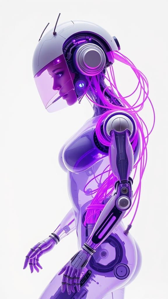 Futuristic Female Robot in Dynamic Pose Against White Backgr...